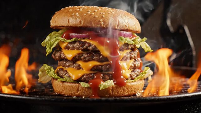 Juicy Multi-Patty Cheeseburger on Flames Close-up - A mouth-watering, multi-patty cheeseburger is grilled over intense flames, with ketchup dripping down its layers.