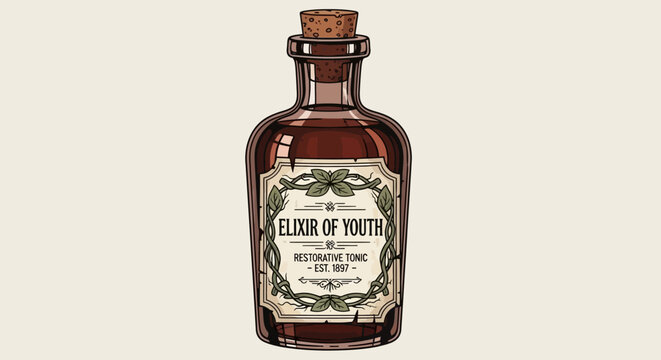 Vintage Elixir Bottle with 'Elixir of Youth' Label and Cork Stopper