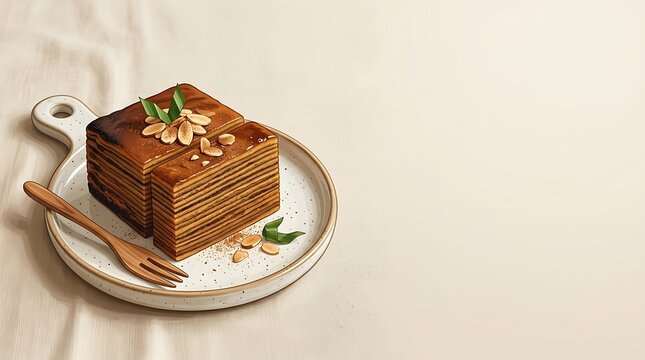 Traditional indonesian lapis legit layer cake with almond topping