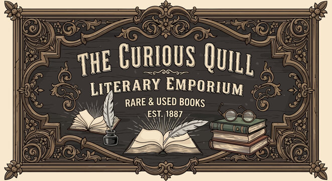 Vintage Literary Emporium Sign: Books, Quill, Inkwell, Glasses, Est. 1887
