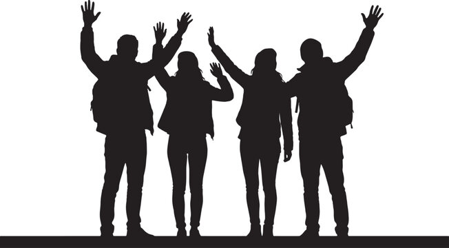 Four friends waving in unison on a journey together outdoors