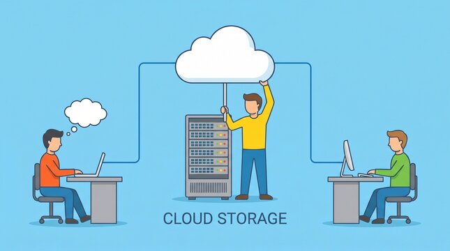 Cloud storage concept with people working on computers and server tower under a cloud