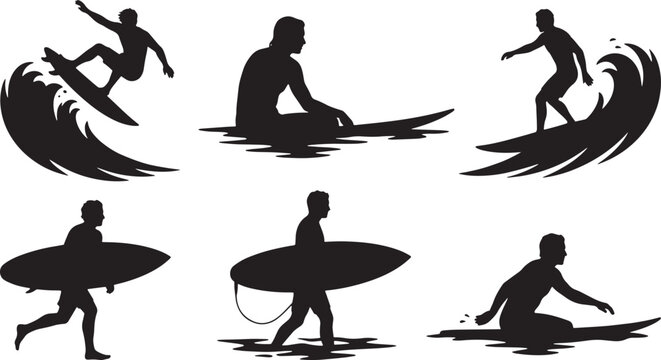 Surfers ride waves in ocean with surfboards in various actions and poses.