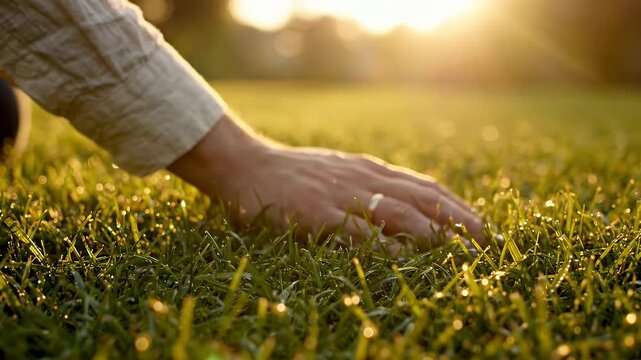 Hand Touching Green Grass At Sunset - A close-up shot of a man's hand wearing a gold ring gently touching lush green grass as the sun sets in the background.