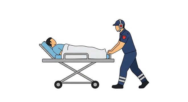 Paramedic pushing a hospital stretcher with a patient.