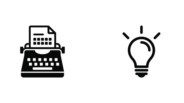 Black icons of typewriter and light bulb on white Vector