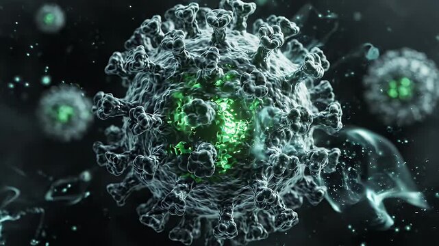 Microscopic Virus Structure in Dark Environment - A detailed 3D video shows a microscopic virus with a glowing green core, floating in a dark, atmospheric environment filled with tiny particles.