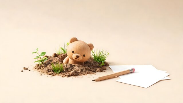 Wooden bear emerging from soil