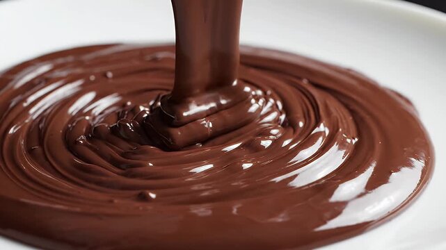 Molten Chocolate Pouring Slowly Close Up - A thick stream of glossy, molten chocolate is slowly pouring onto a white surface, creating a beautiful swirling pattern.