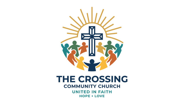 A group of people standing under a cross with a sunburst behind it