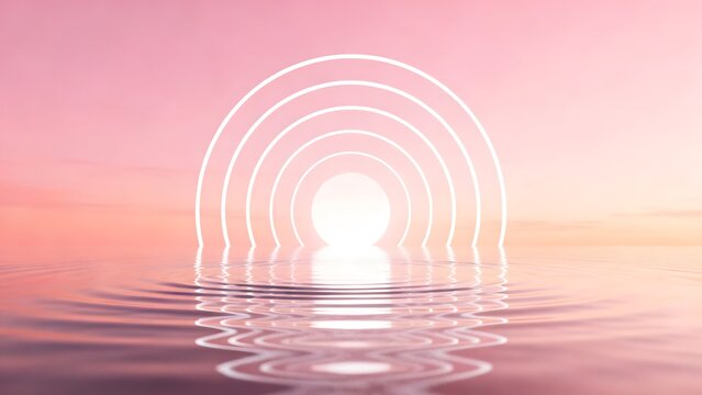 Abstract white arches over water at sunset