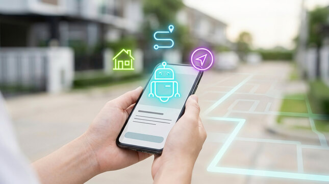 Futuristic AI robot assistant on smartphone screen with AR navigation icons and map showing delivery path in suburban neighborhood.