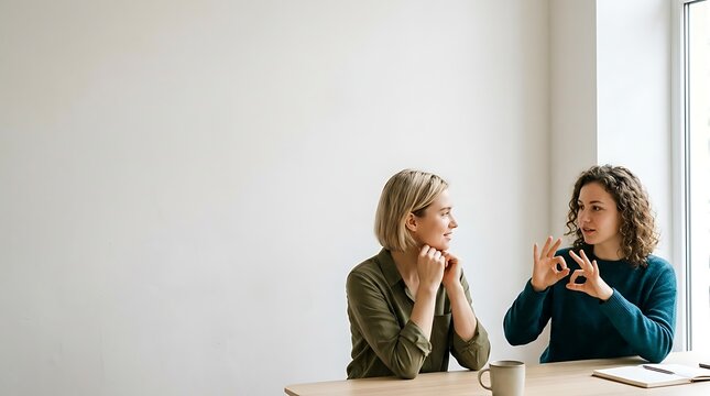 Two women communicating through sign language in a bright room