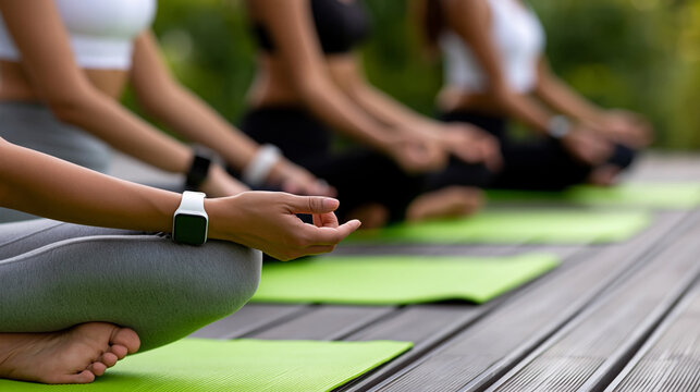 Anonymous diverse female friends doing kneeling yoga in leggings on green mats on a patio showing smartwatches, fitness tracking and wellness concept, faceless, defocused, with