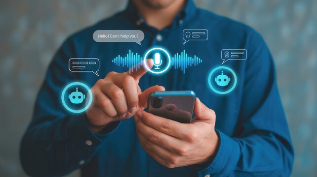 Person engaging with futuristic smartphone chatbot interface displaying voice text and automated assistant symbols for seamless digital communication