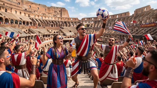 Ancient Roman gladiators and fans cheering with a soccer ball inside the Colosseum arena