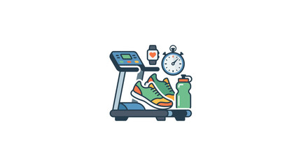 Fototapeta premium Treadmill, Running Shoes, Smartwatch, Stopwatch, Water Bottle - Fitness Equipment Collection