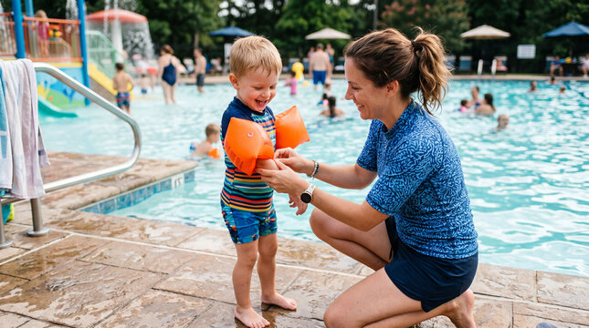 Mother helping child put on swim floaties at outdoor swimming pool summer day