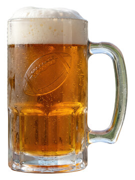 Glass beer mug with football design isolated on transparent background