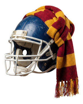 Blue American football helmet with a striped red and yellow scarf isolated on transparent background