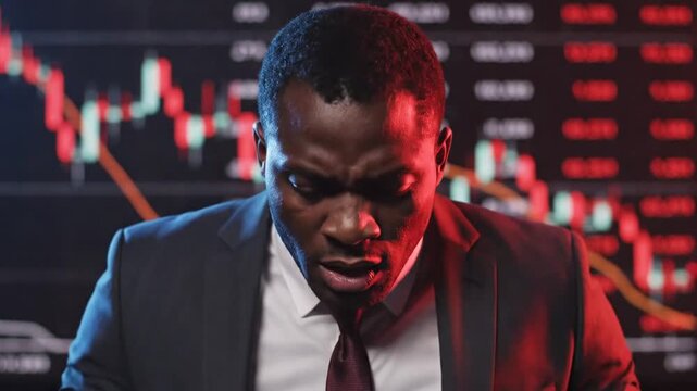 A stressed businessman reacts to a falling financial market chart