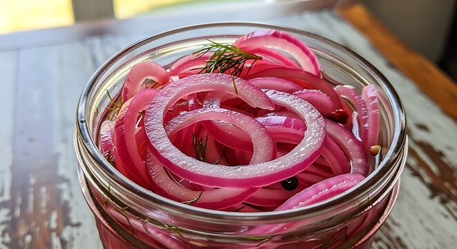 Homemade pickled red onion rings in a glass jar