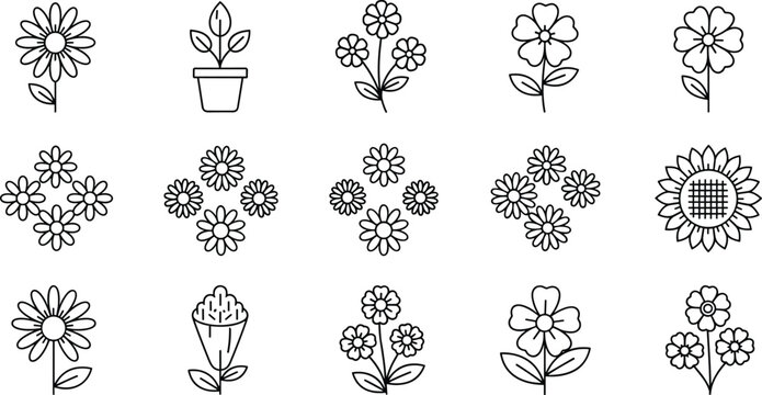 Flower silhouette collection, floral vector set with pots stems patterns, botanical design elements, decorative illustration graphics, black and white icons