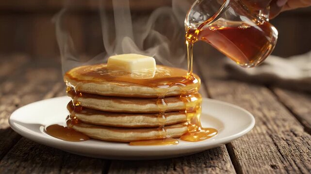 Pouring Maple Syrup Over Steaming Pancake Stack - A stack of fluffy pancakes topped with a pat of butter is being drizzled with golden maple syrup.