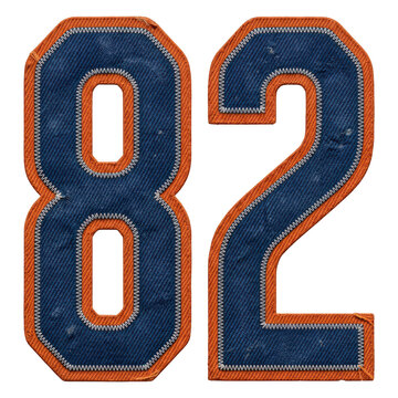 Number 82 made of denim fabric with orange border and white stitching isolated on transparent background