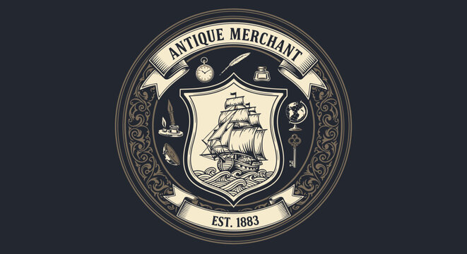 Antique Merchant Emblem with Sailing Ship, Globe, Key, Quill, Inkwell