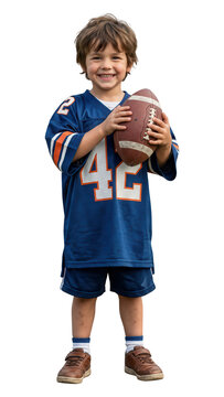 Young boy in football jersey holding a football isolated on transparent background