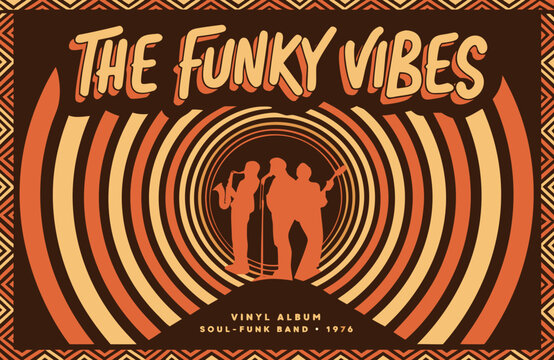 Musicians performing inside a circular retro frame create a nostalgic atmosphere with classic instruments while warm orange tones and geometric patterns emphasize the vintage soul and funk album.
