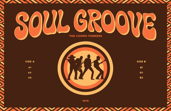 Musicians playing instruments are featured in this artistic seventies concert poster design using bold retro typography and a centered orange circle graphic to promote a fictional soul funk music.