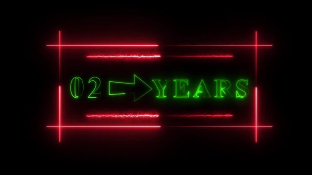 Two years milestone glowing neon text animation an animated sign showcasing 02 years, featuring a directional arrow and a red border on black background anniversary red sign light arrow