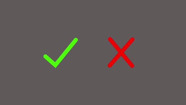 Bright green checkmark and red cross symbols on dark gray background digital icons depicting a tick and for selection and feedback purposes xmark tick icons approval disapproval