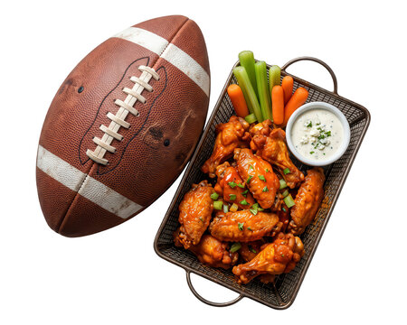 American football and spicy buffalo chicken wings with celery and carrots isolated on transparent background