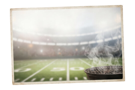 Small smoky barbecue grill in a blurry football stadium isolated on transparent background