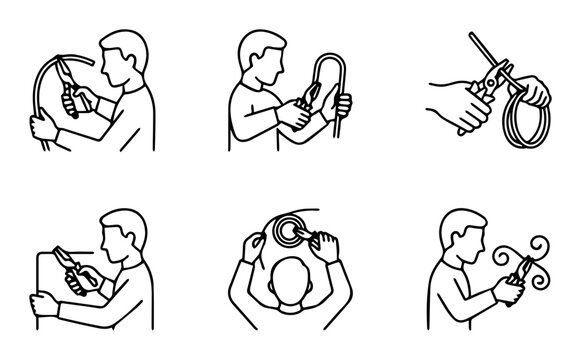 DIY Wire Cutting and Stripping, Electrical Work, Crafting, and Repair Icons Set: Step-by-Step Manual Instructions for Tools and Materials