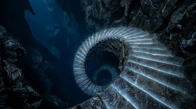 Stone spiral stairs descending deep into a dark damp cavern
