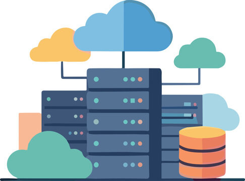 Cloud computing illustration with servers, database storage, and network connectivity representing modern data center infrastructure