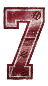 Red fabric number 7 patch with white stitching isolated on transparent background