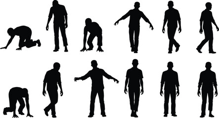 Human evolution silhouette sequence showing transformation from crawling to upright walking, black vector illustration symbolizing progress, development, and physical movement © MD Tariful islam