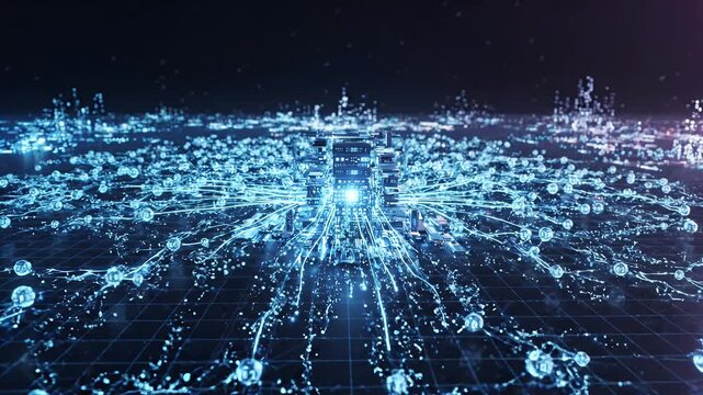 Digital Network Infrastructure Connection Nodes - A central server infrastructure pulses with blue light, connecting to multiple nodes in a vast digital landscape.