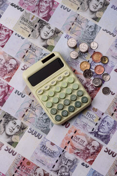 Czech paper money, koruna or crown, in various denominations for financial exchange. Czech koruna