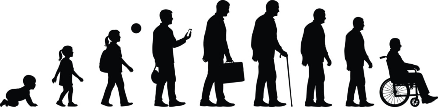 Human life stages silhouette vector illustration from infancy to old age