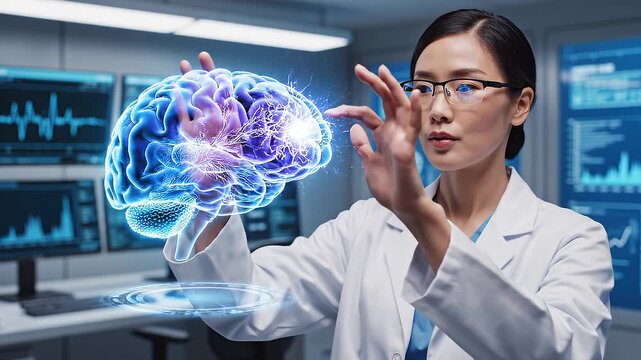 Female Neuroscientist Manipulating Holographic Brain Interface for Advanced Neurotechnology Research and Digital Healthcare Innovation