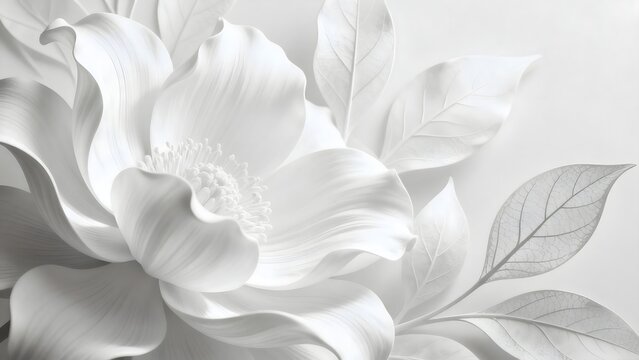 White flower with detailed petals and leaves
