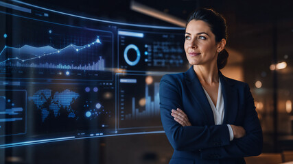 Fototapeta premium Businesswoman analyzing AI data analytics on a futuristic digital dashboard.