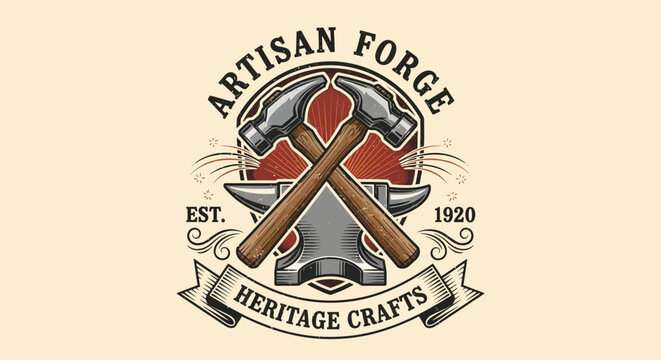 Artisan Forge Heritage Crafts Logo: Hammers, Anvil, Est. 1920