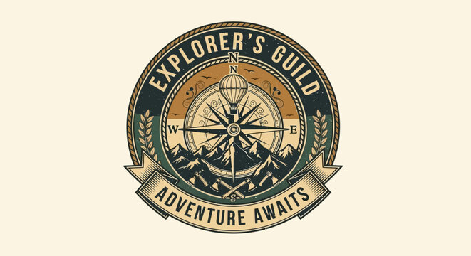 Explorer's Guild Adventure Awaits Vintage Emblem with Compass, Hot Air Balloon, Mountains